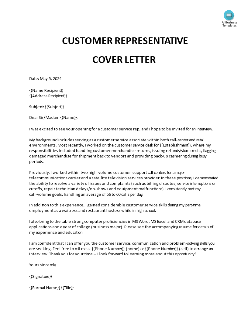 Customer Representative Resume Cover Letter Format main image