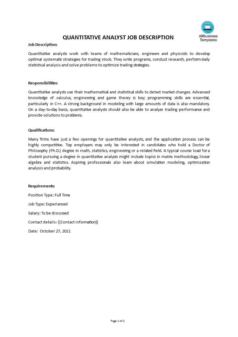 quantitative analyst job description template