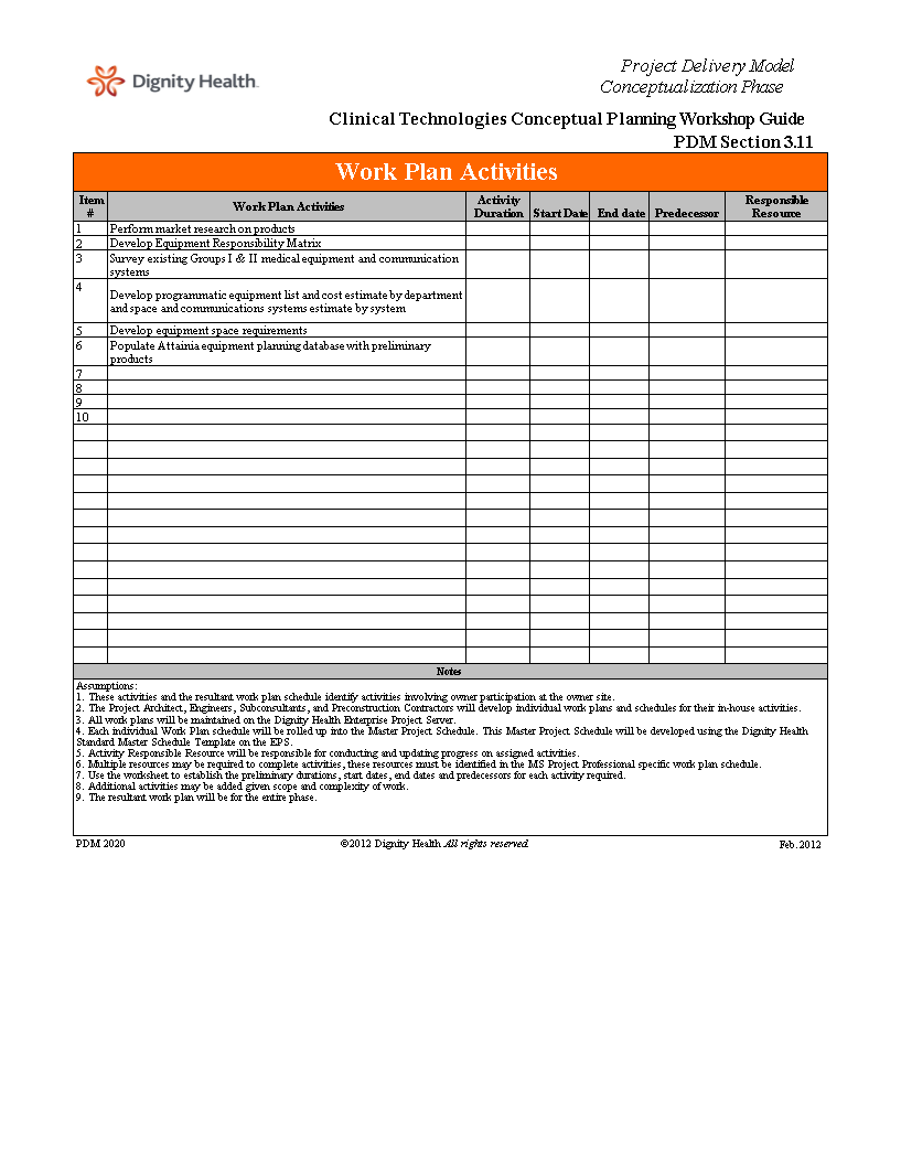 Work Plan Activities Template Excel 模板