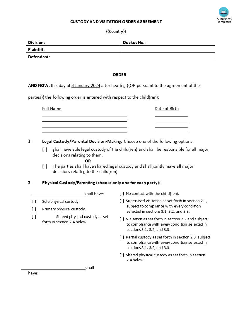 sample custody and visitation order agreement voorbeeld afbeelding 