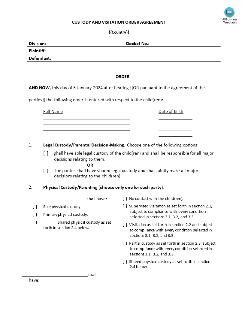 sample custody and visitation order agreement template