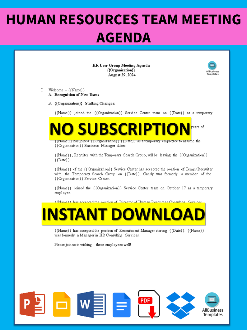 human resources team meeting agenda pdf template modèles