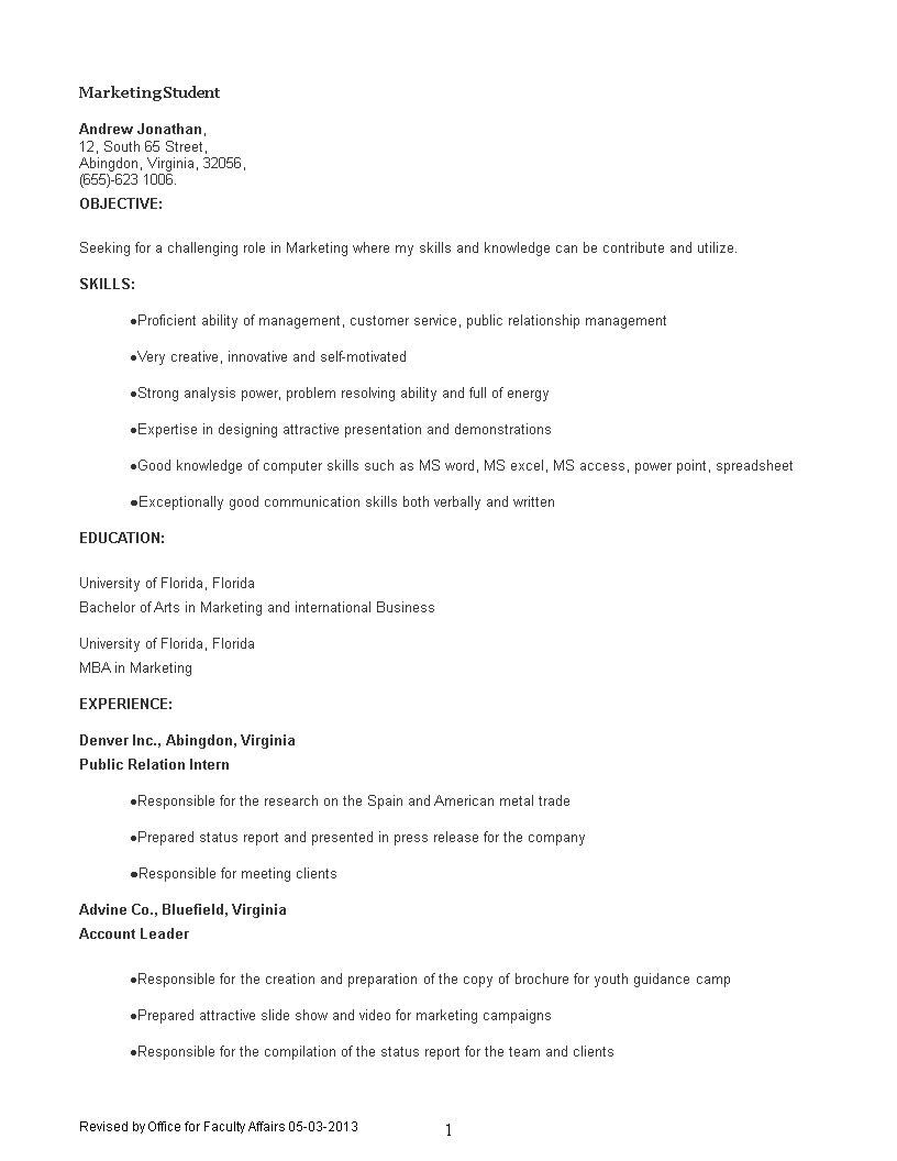 marketing student cv template voorbeeld afbeelding 