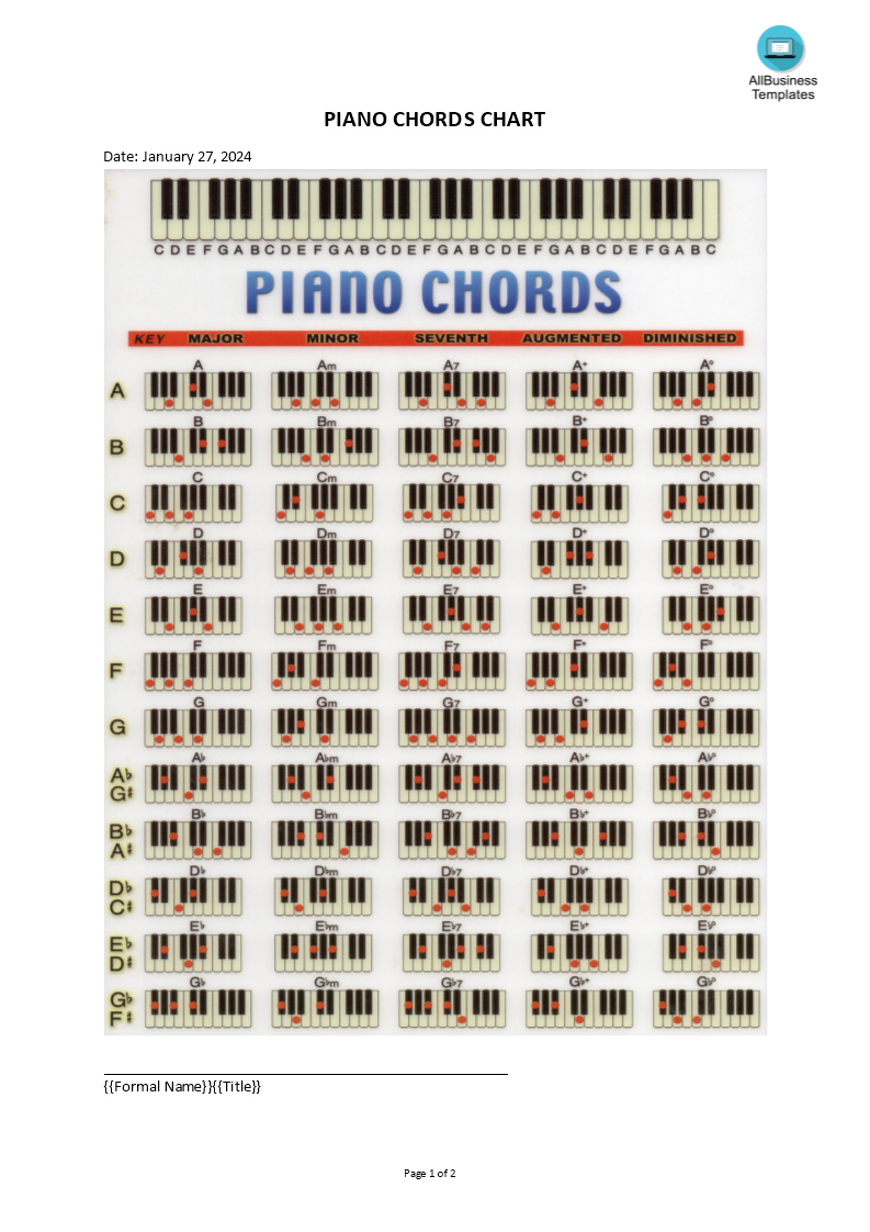piano chords chart template