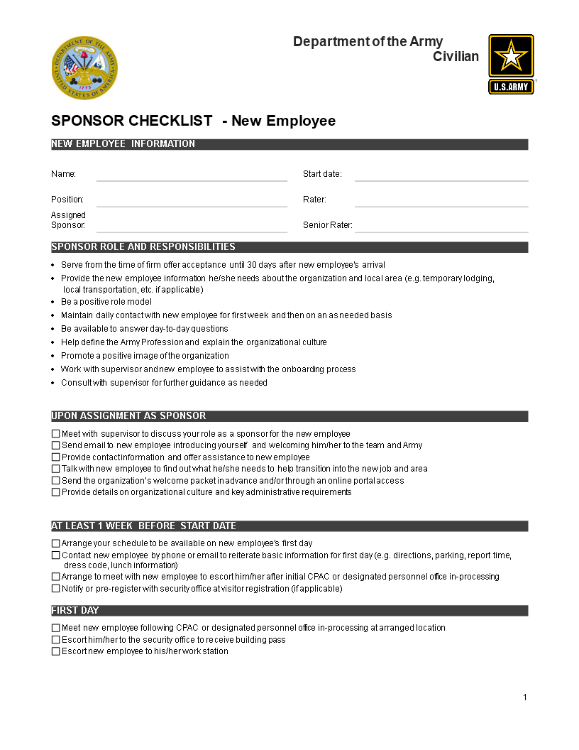 army new employee checklist template