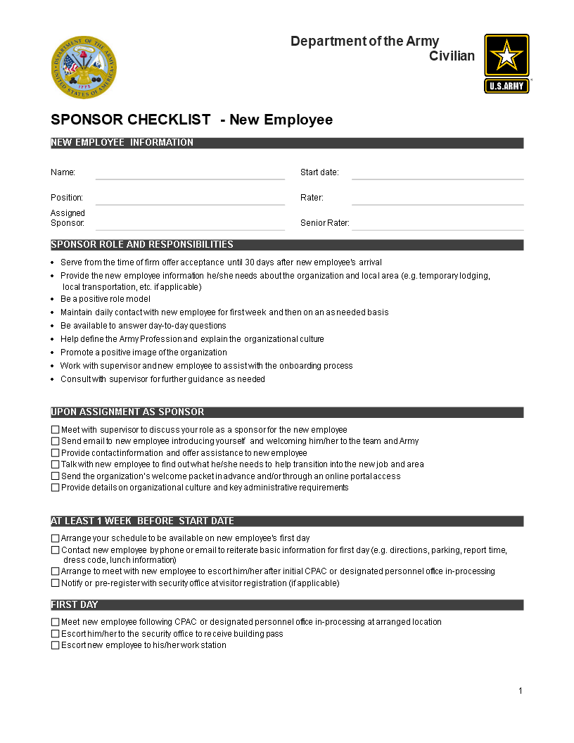 army new employee checklist modèles