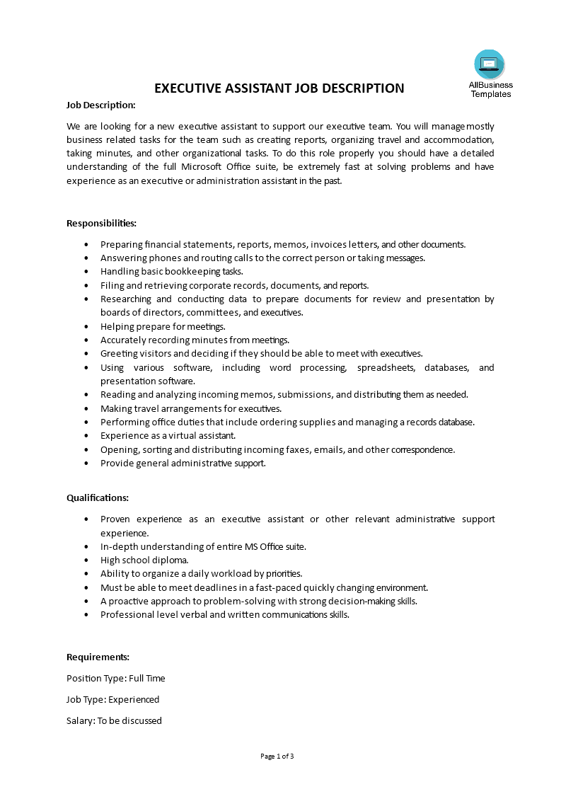 executive assistant job description voorbeeld afbeelding 