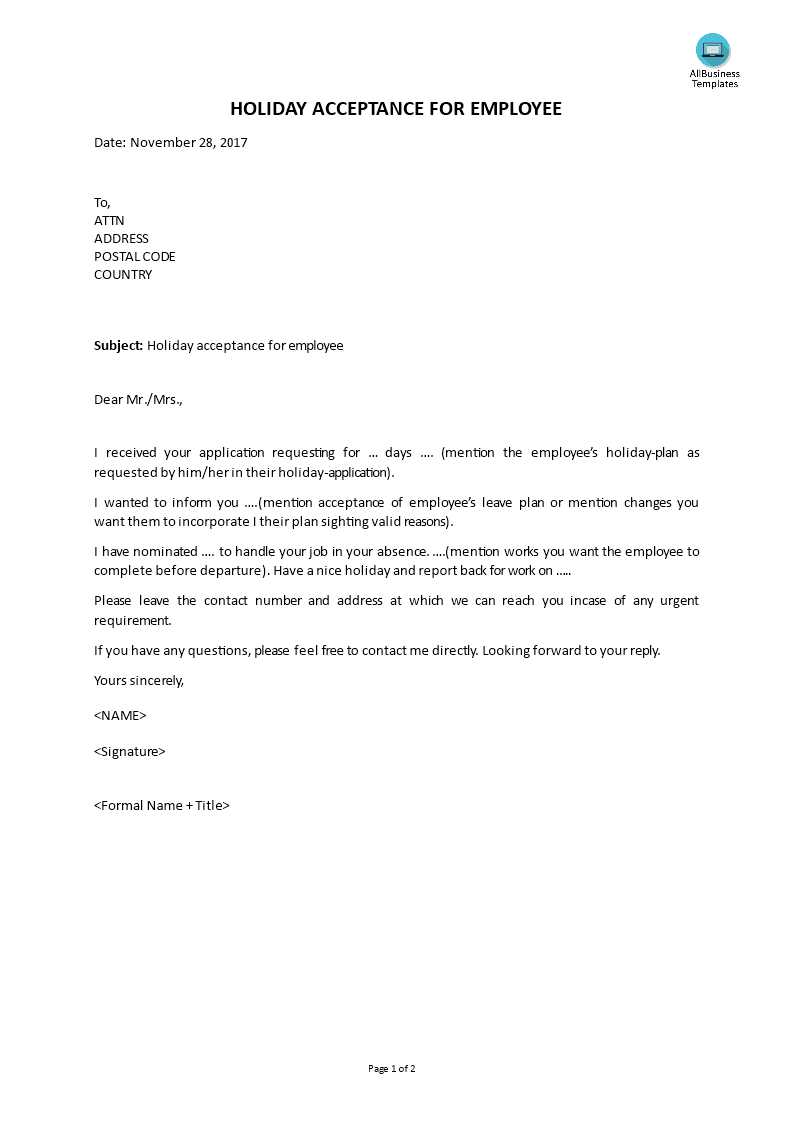 holiday letter for employee Hauptschablonenbild