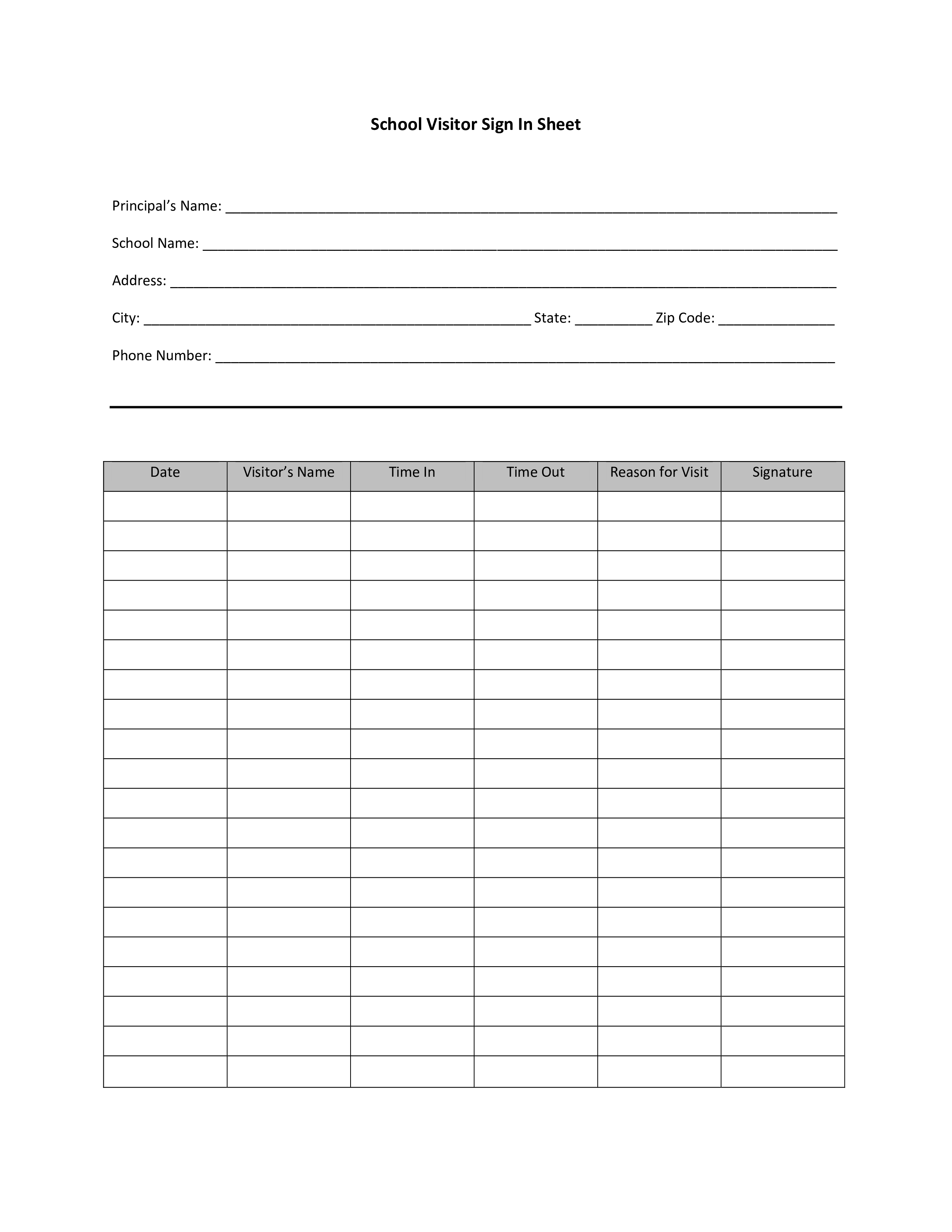 School Visitor Sign In Sheet 模板