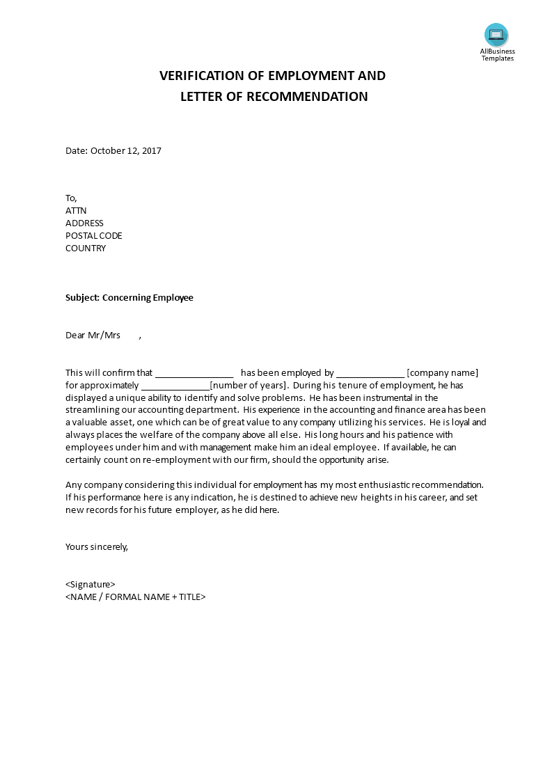 verification of employment and letter of recommendation voorbeeld afbeelding 