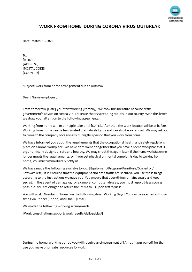 work from home letter to employee coronavirus template