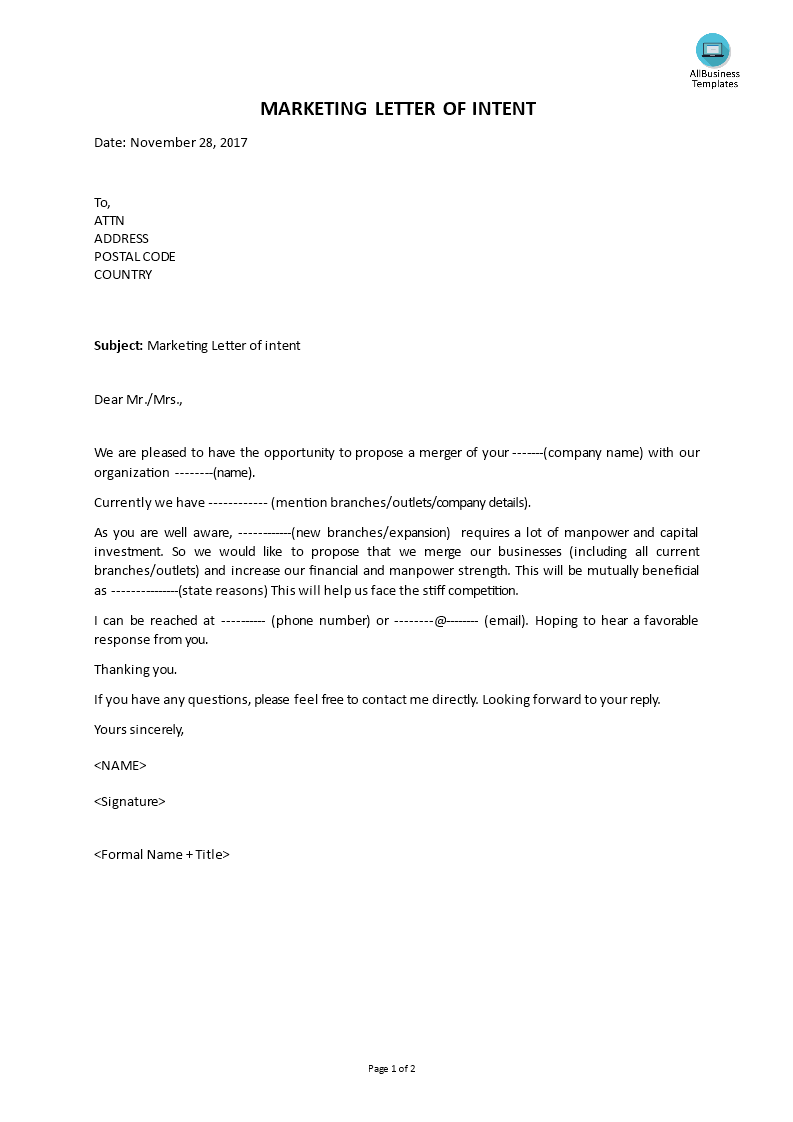 marketing letter of intent voorbeeld afbeelding 