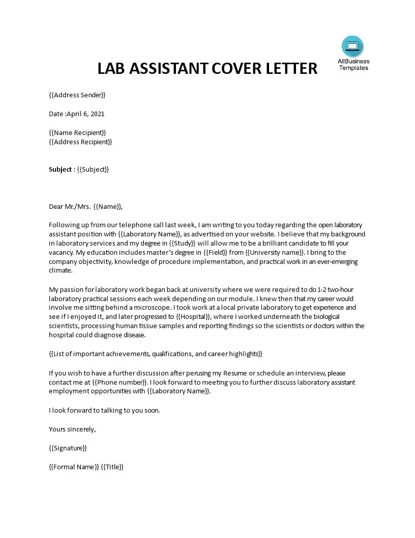 lab technician cover letter template