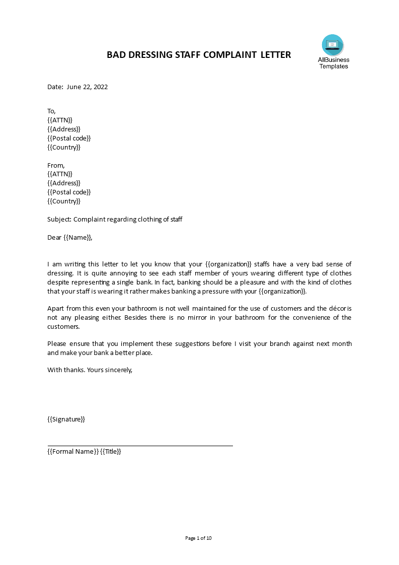 Business Complaint Letter Format 模板