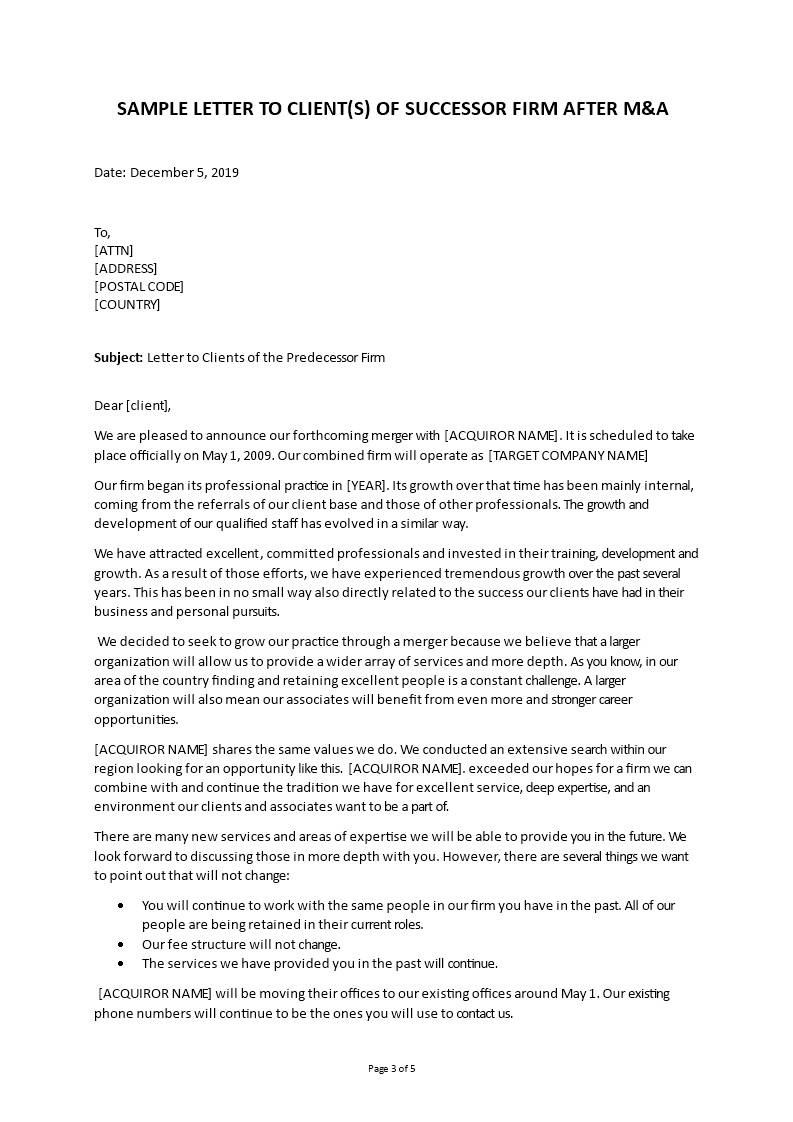 merger letter to the successor firm template