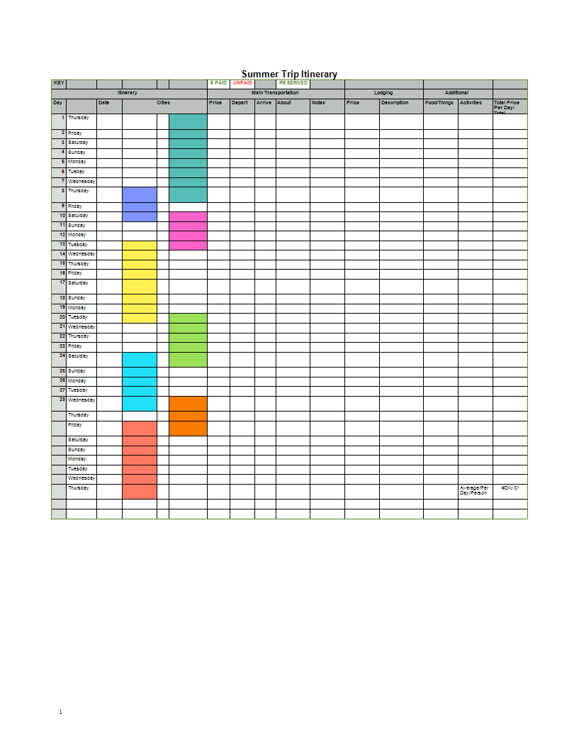 summer trip itinerary excel template Hauptschablonenbild