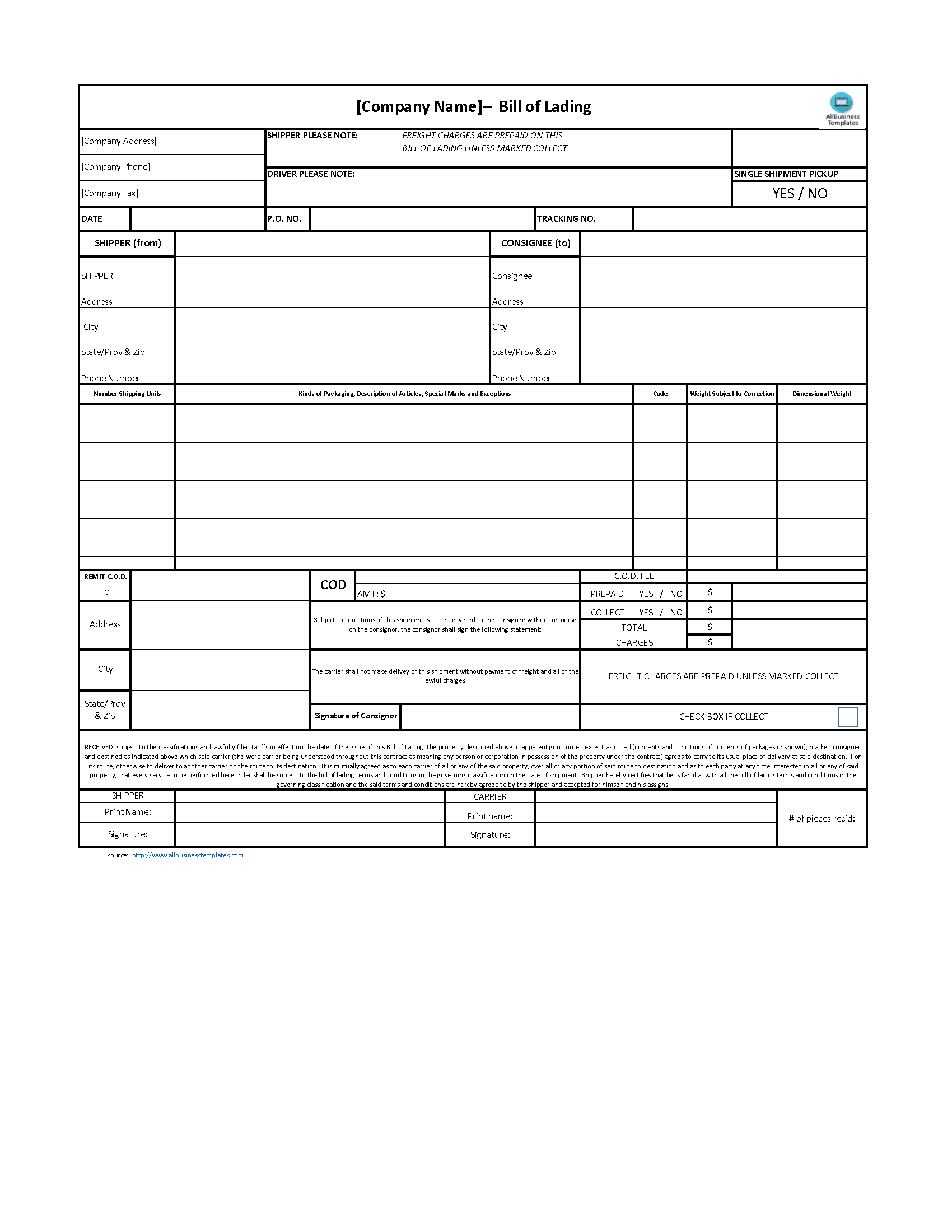 bill of lading excel template voorbeeld afbeelding 