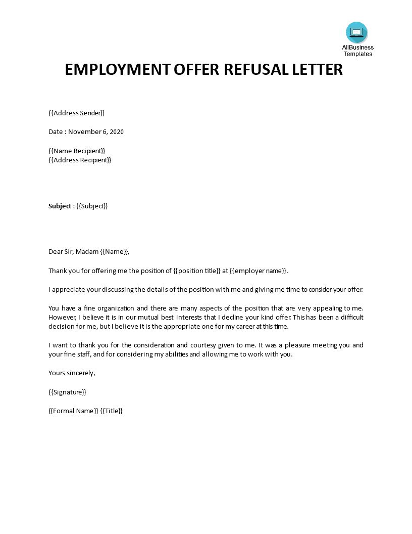 Job application refusal letter employer