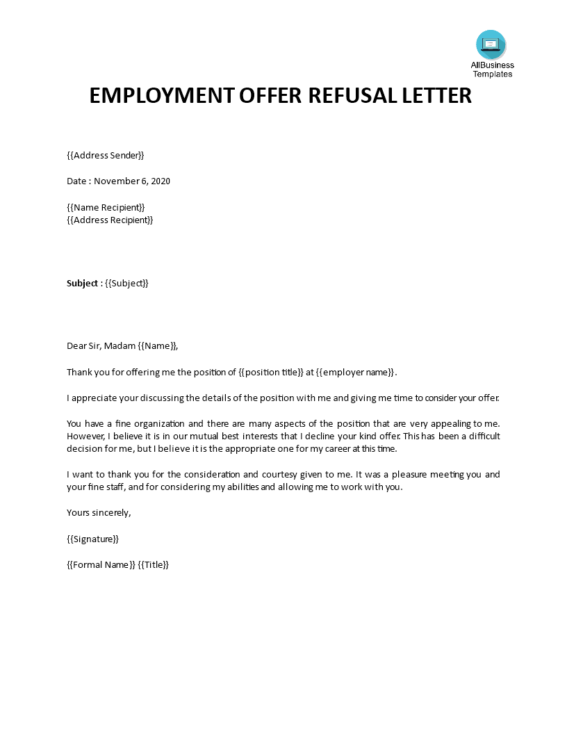 employment offer refusal letter sample voorbeeld afbeelding 