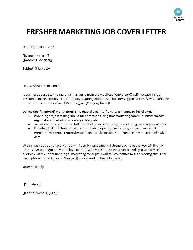 Fresher Marketing Job Cover Letter main image