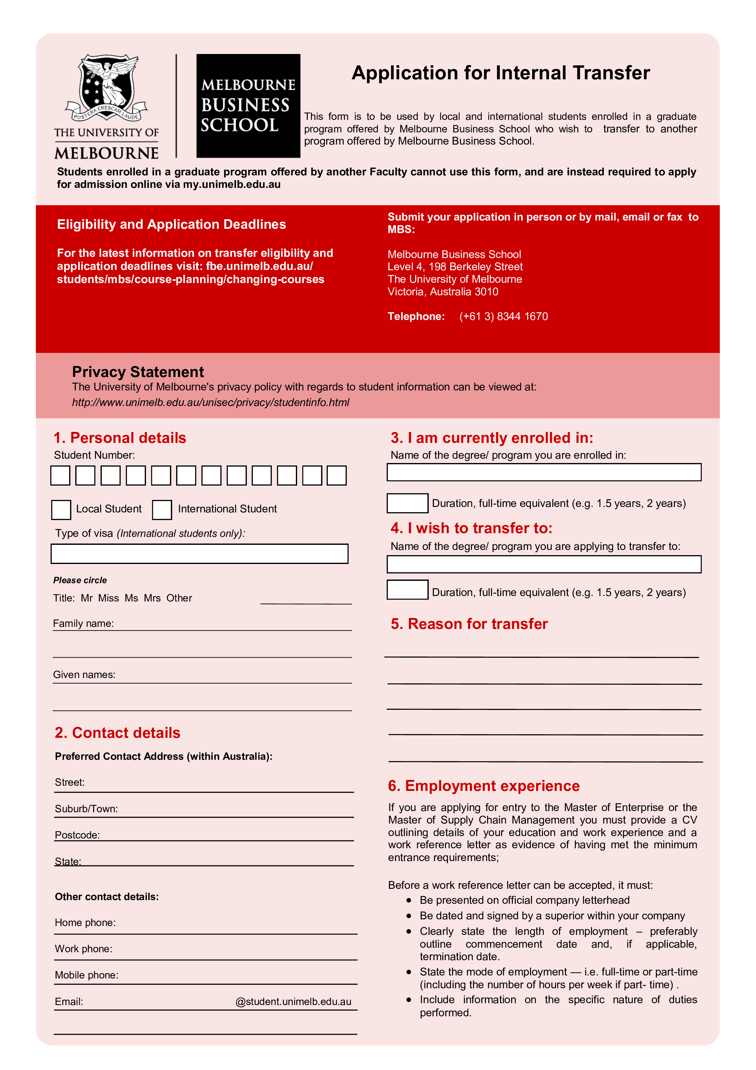 application for internal transfer letter modèles