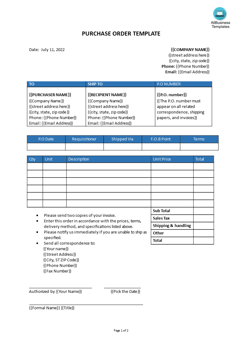 inkooporder formulier template plantilla imagen principal