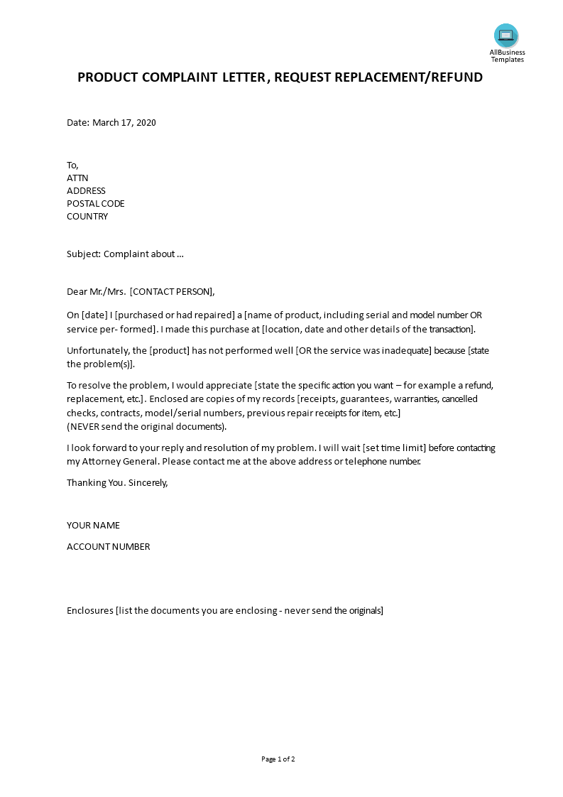 Product Complaint Letter request for replacement ...