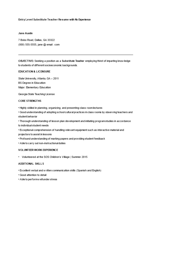 entry level substitute teacher resume with no experience voorbeeld afbeelding 