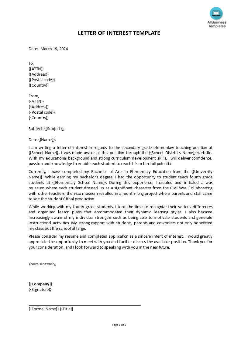 letter of interest teacher Hauptschablonenbild