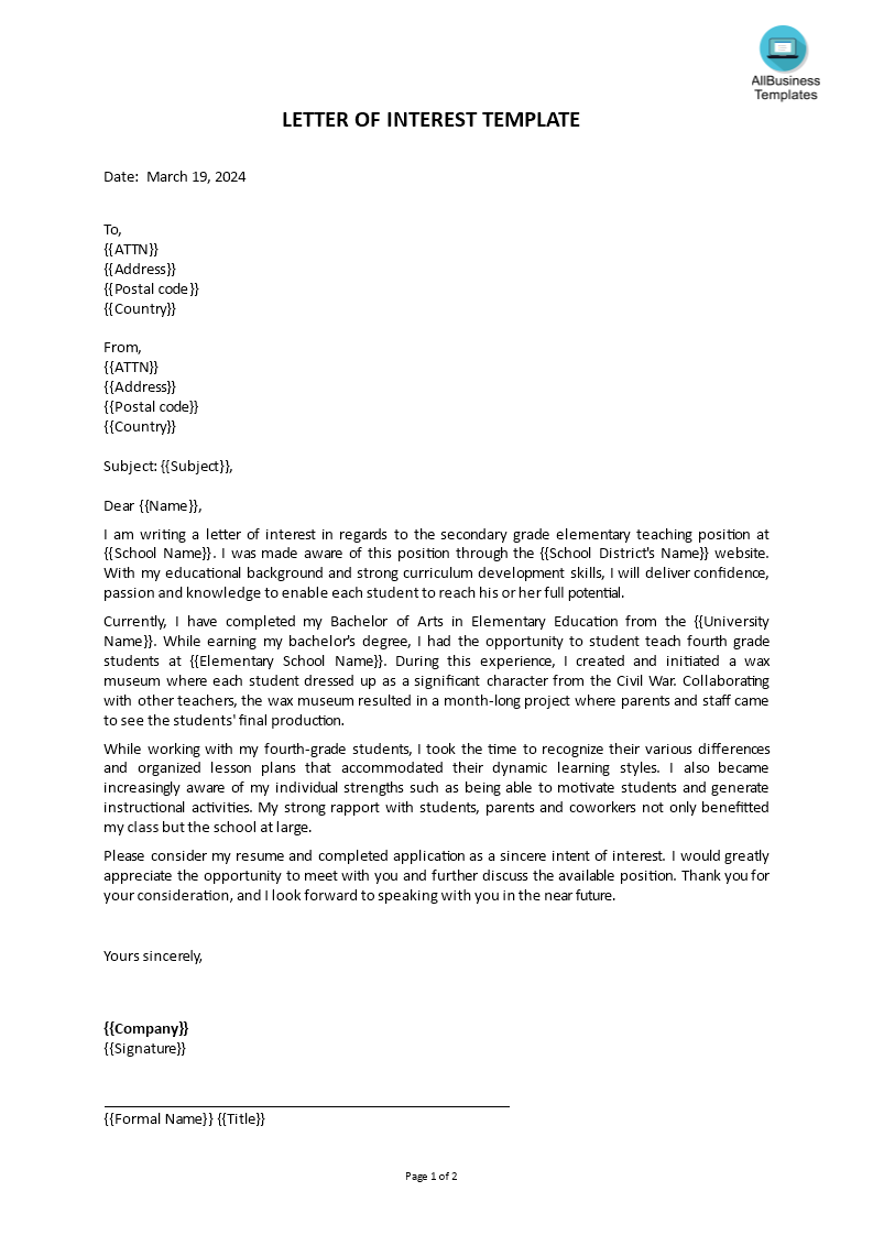 letter of interest teacher voorbeeld afbeelding 