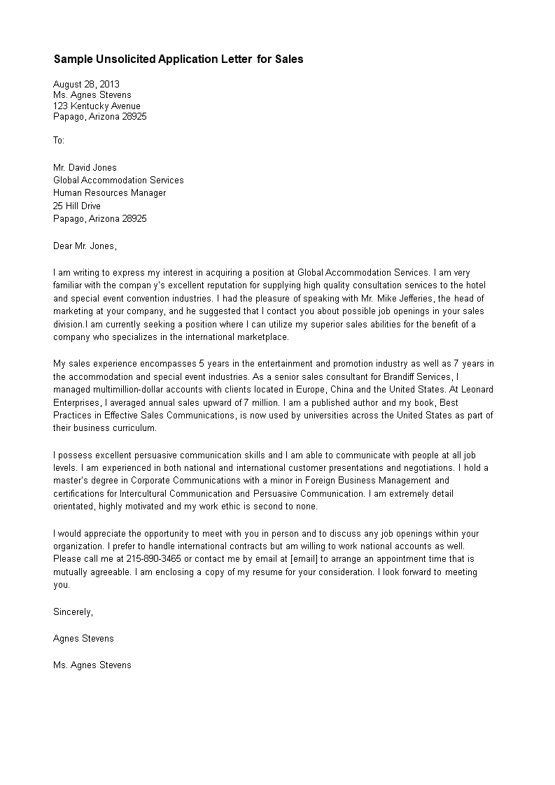 Kostenloses Unsolicited Application Letter For Sales