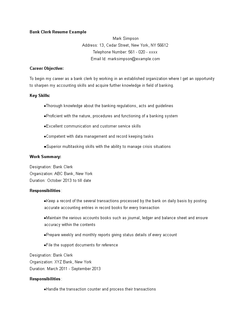 banking clerk resume template plantilla imagen principal