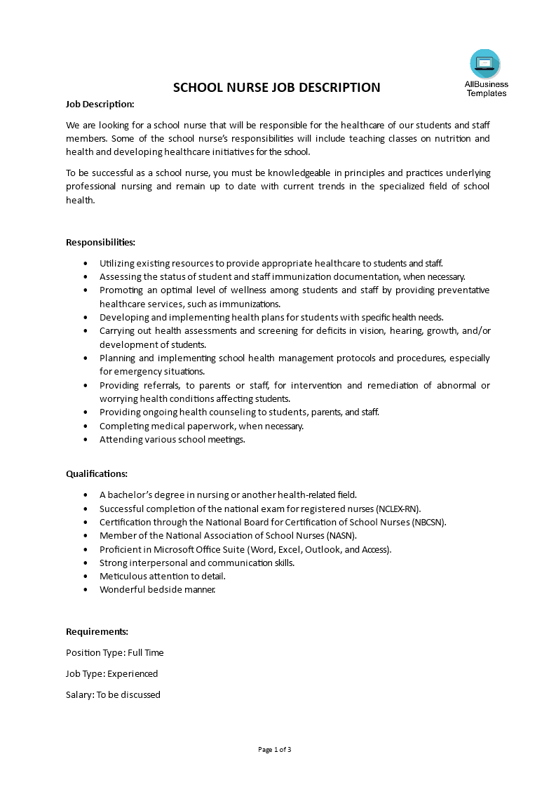 school nurse job description template