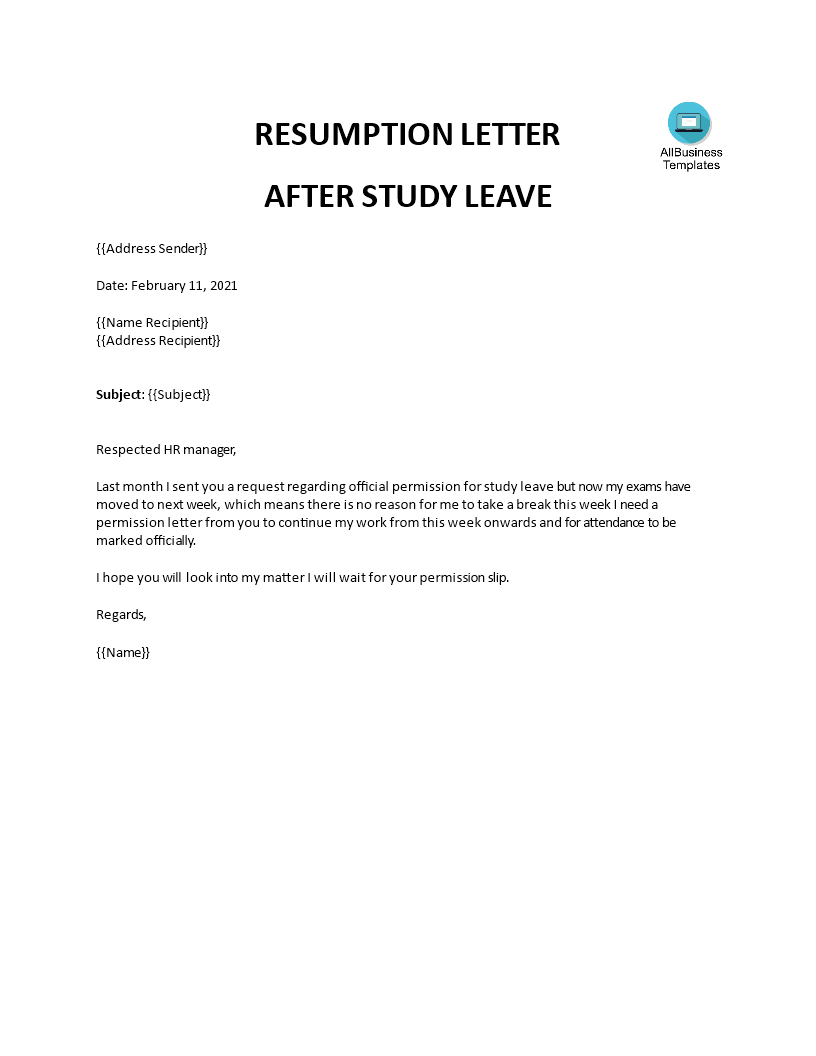 Kostenloses Resumption Letter after study leave