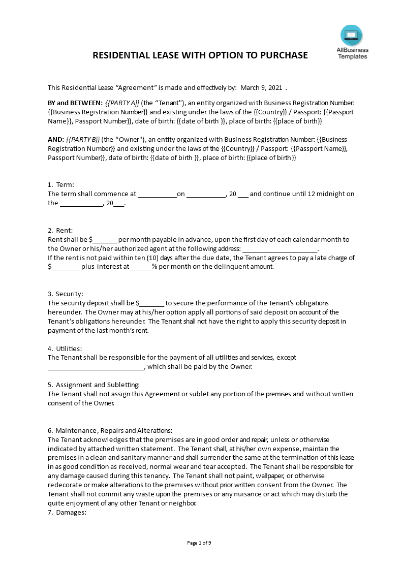 rent with option to buy agreement form template