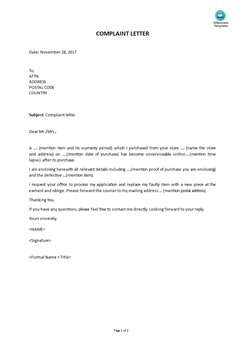 example of complaint letter template