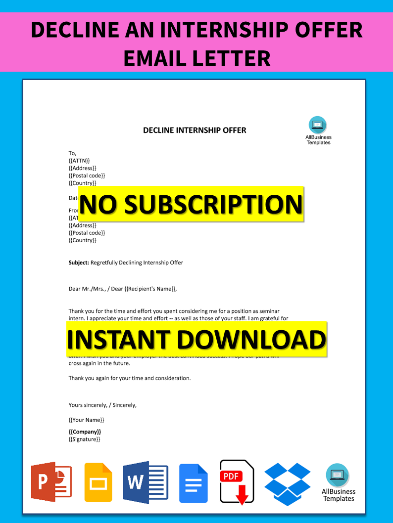 Decline an Internship Offer Email letter  Templates at