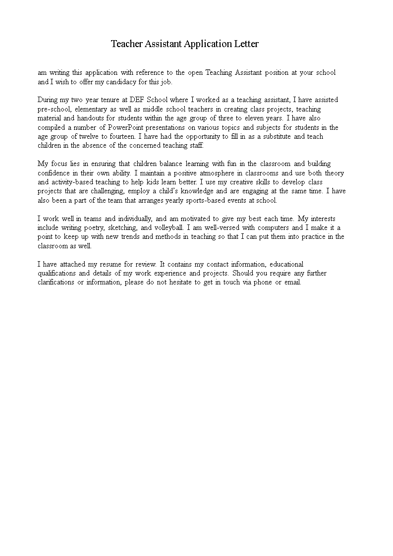 Teacher Assistant Application Letter Templates At 