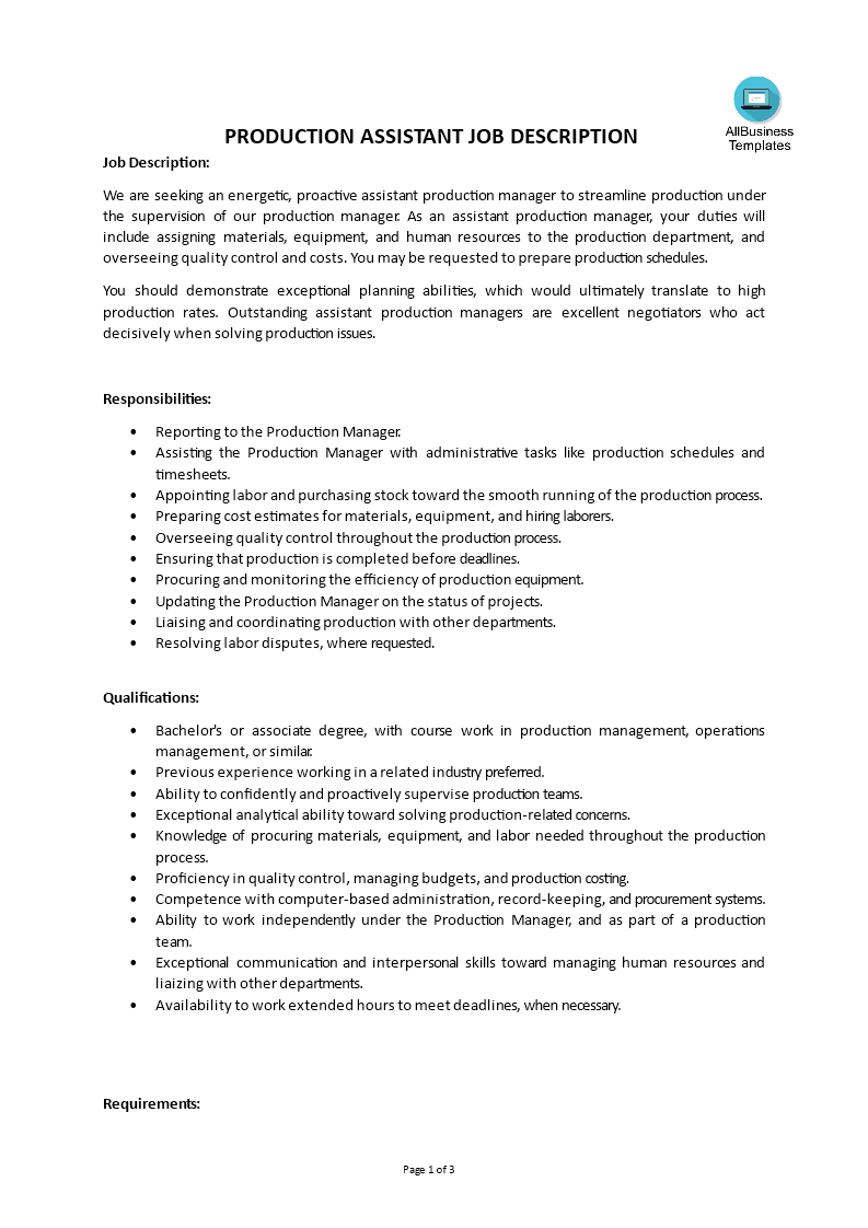 production assistant job description template