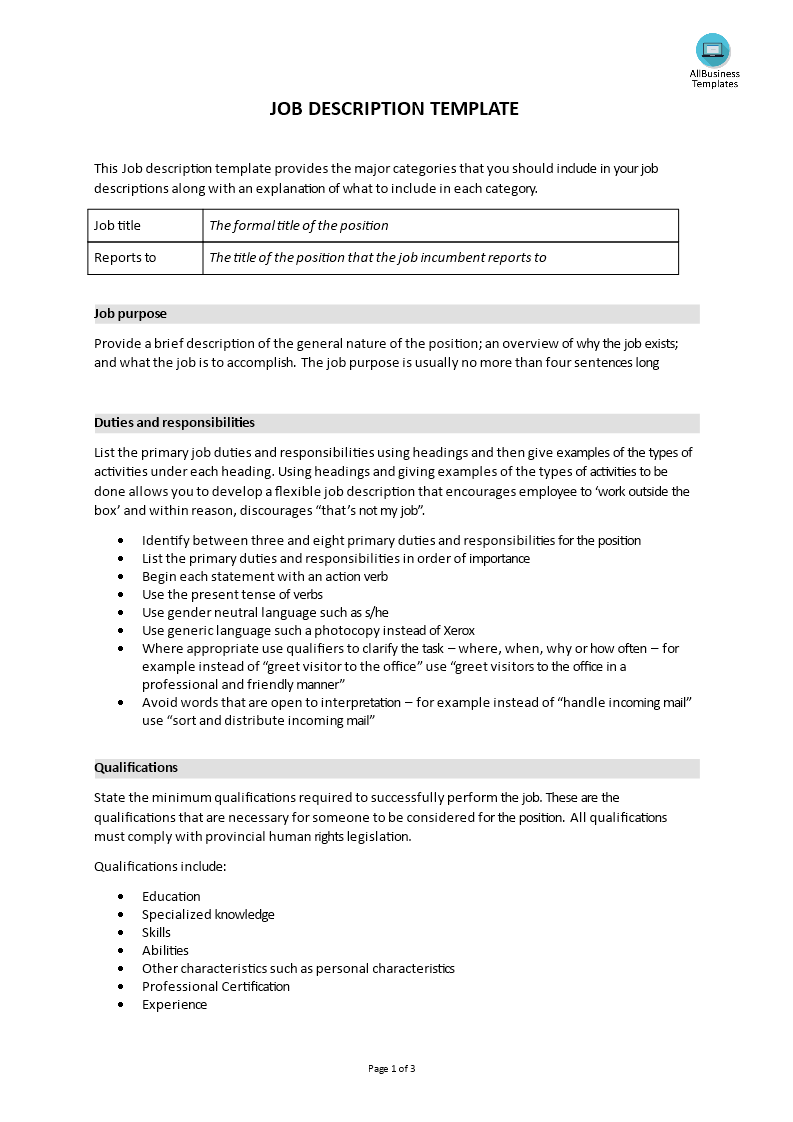 generic job description template