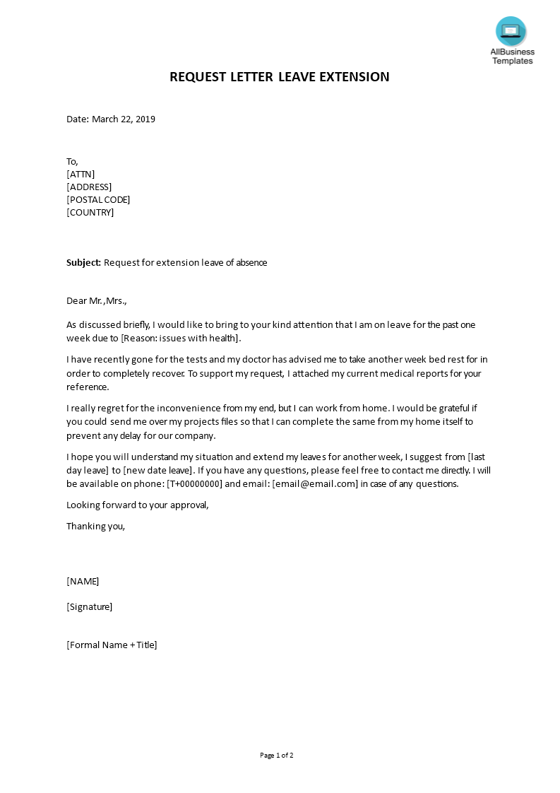 Leave Of Absence Extension Request Letter Templates At Allbusinesstemplates Com