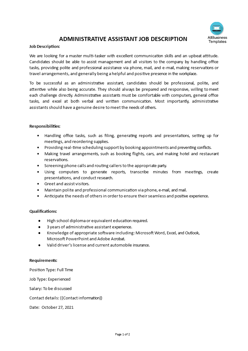 administrative assistant job description voorbeeld afbeelding 