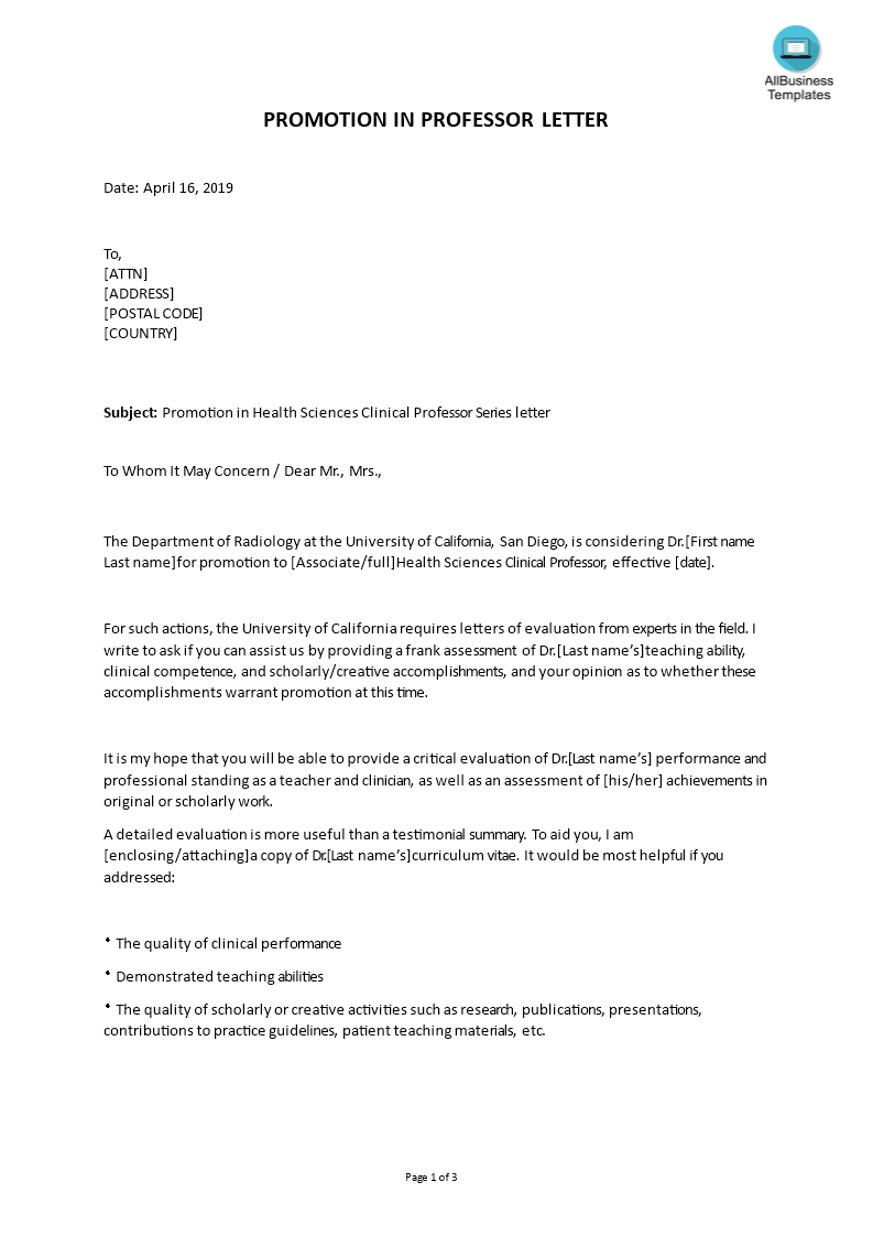 promotion letter clinical professor health sciences template