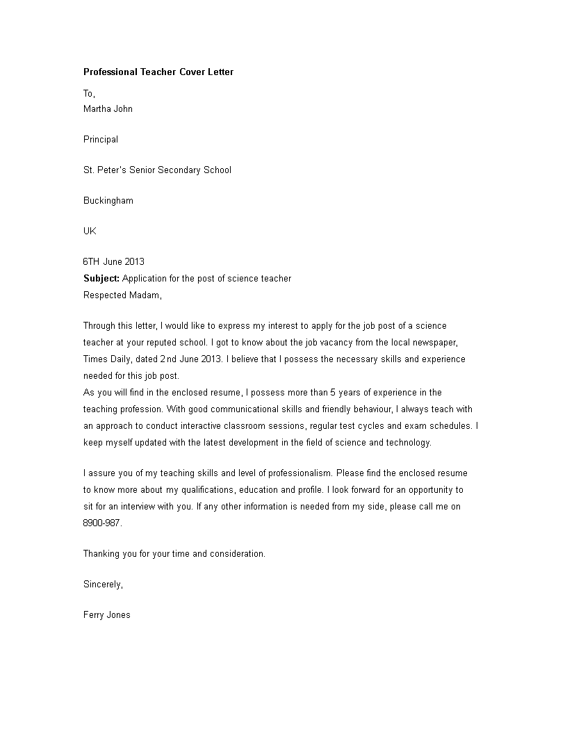 professional application letter for teacher template