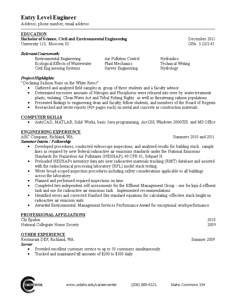 entry level chemical engineering resume examples