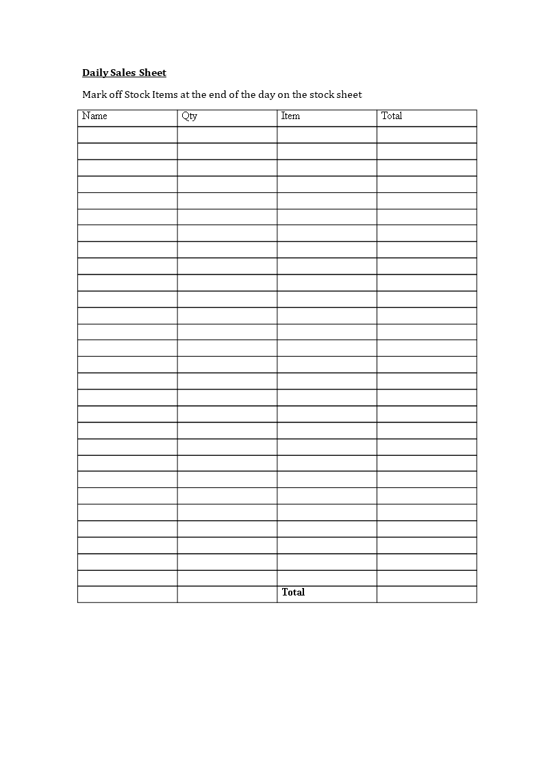 daily sales sheet template