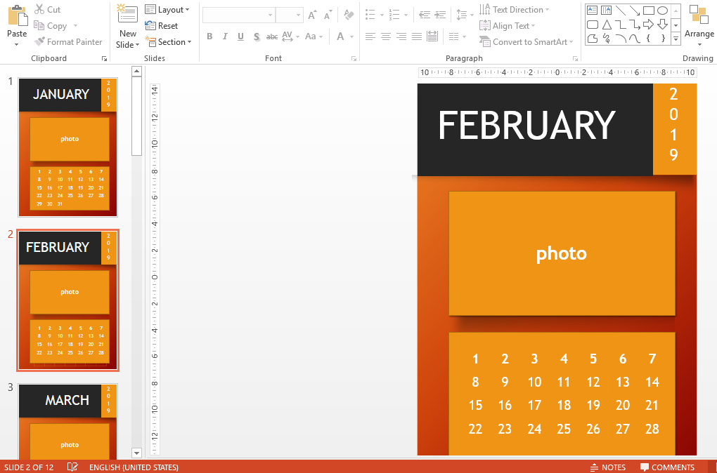 2019 powerpoint calendar voorbeeld afbeelding 