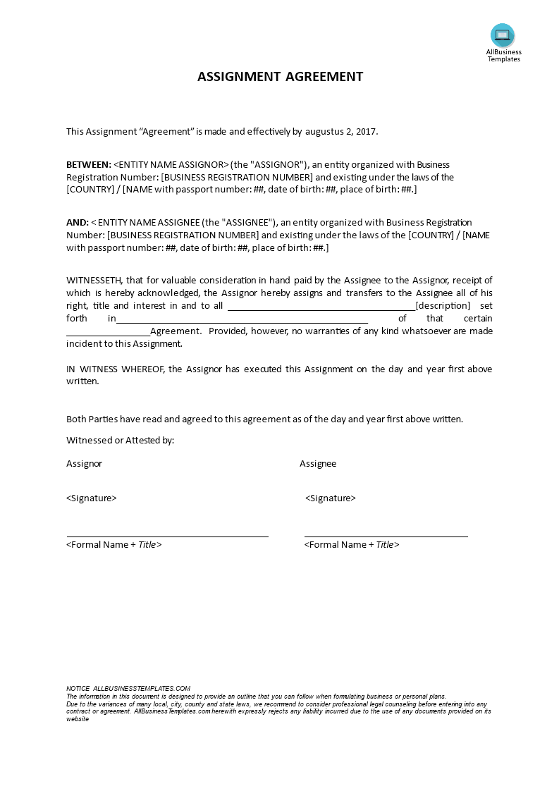 assignment agreement template modèles