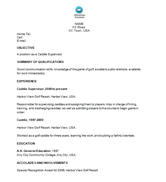 Sample Golf Caddie Supervisor Resume main image