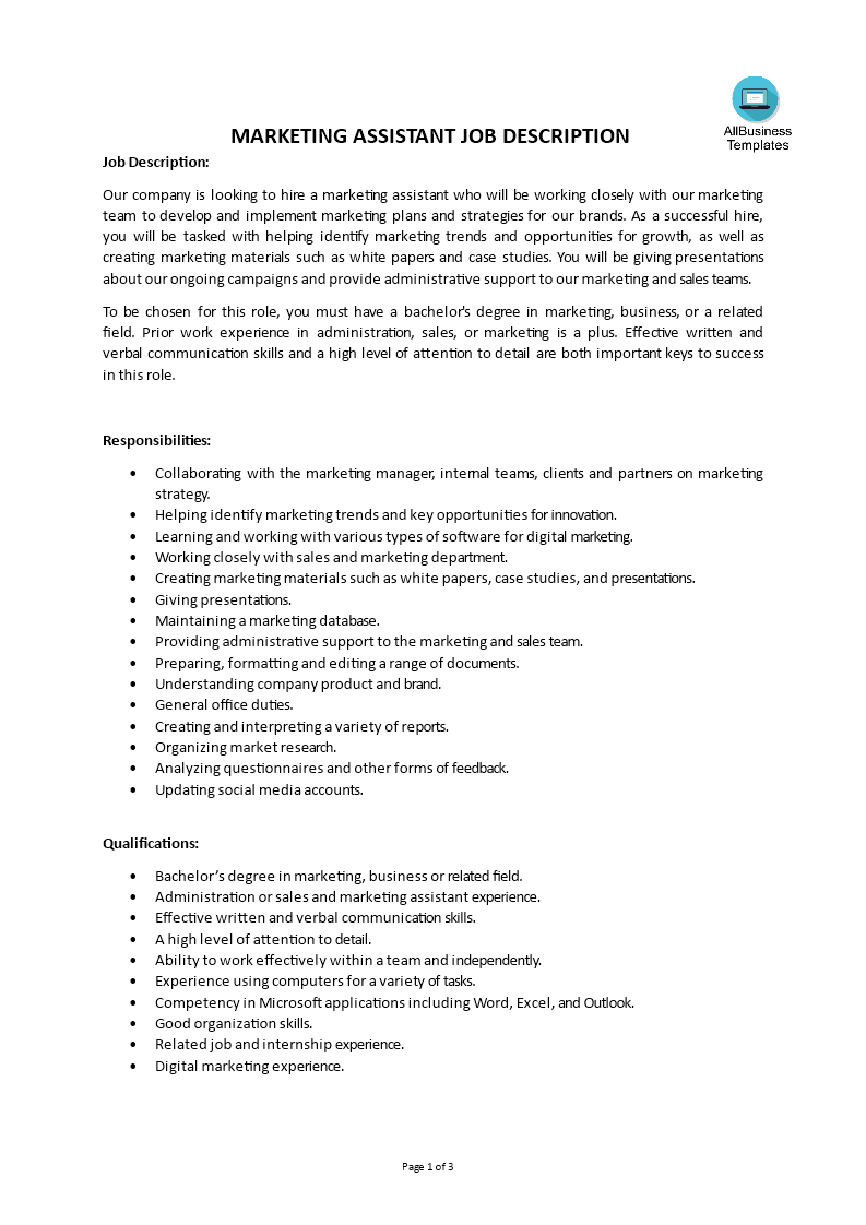 marketing assistant job description template